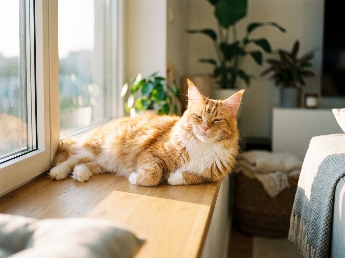 A content cat lounging in the sun at home