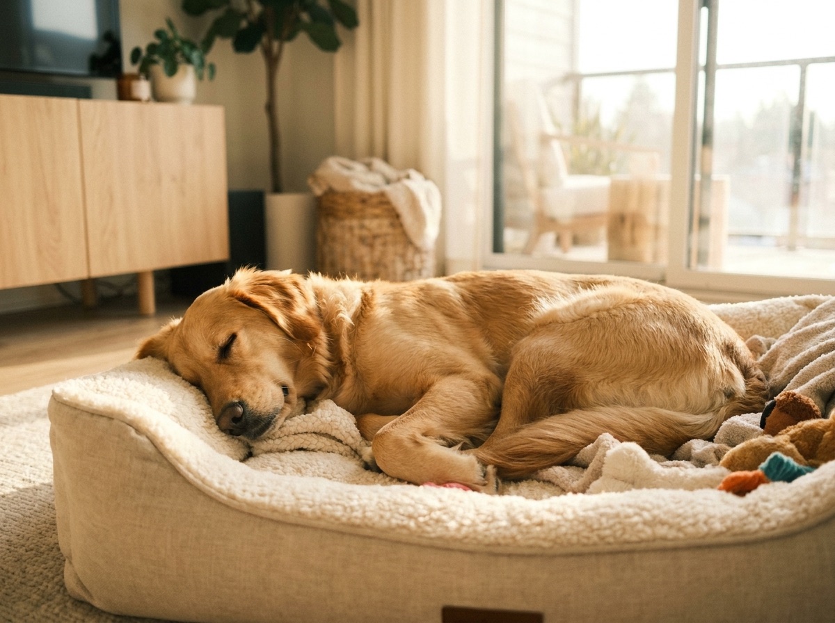 A content dog resting comfortably during an overnight stay