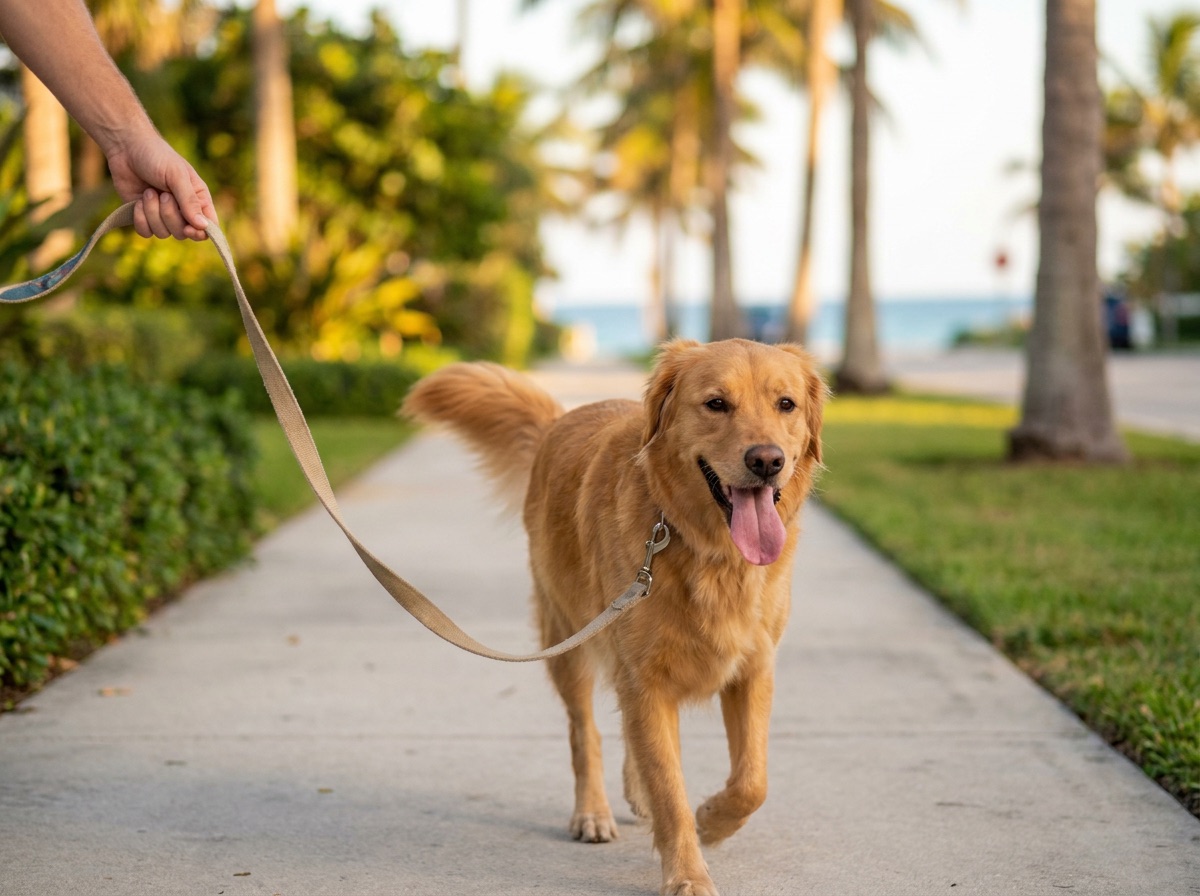 A happy dog enjoying a walk on a sunny Palm Beach street